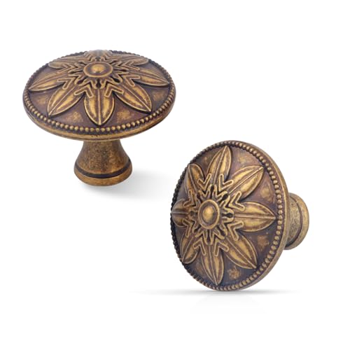 Xlroaafs 4 Pack Antique Brass Cabinet Knobs Vintage Dresser Knobs Drawer Knobs,1.4" Round Vintage Kitchen Cabinet Knobs Handles for Cabinets and Dresser Drawers Rustic - Image 1