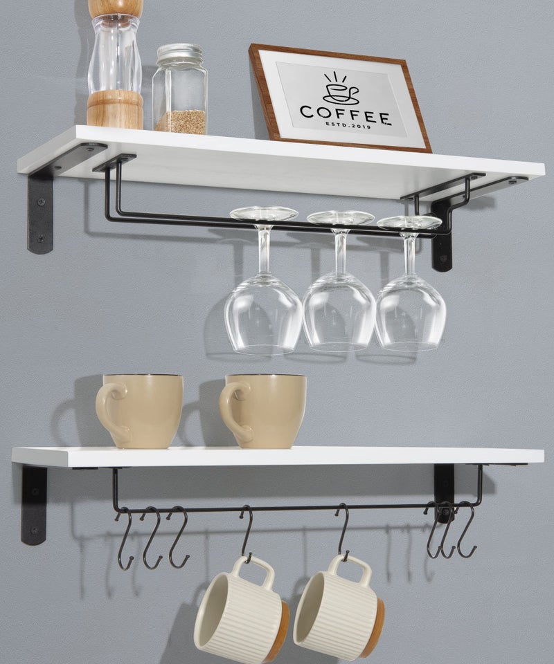 Afuly Coffee Bar Shelf 20 Inch Wall Mounted Shelves for Coffee Cups Mugs Wine Glass Floating Shelves for Coffee Station with 8 Hooks Coffee Cup Shelf Wall Holder Set of 2