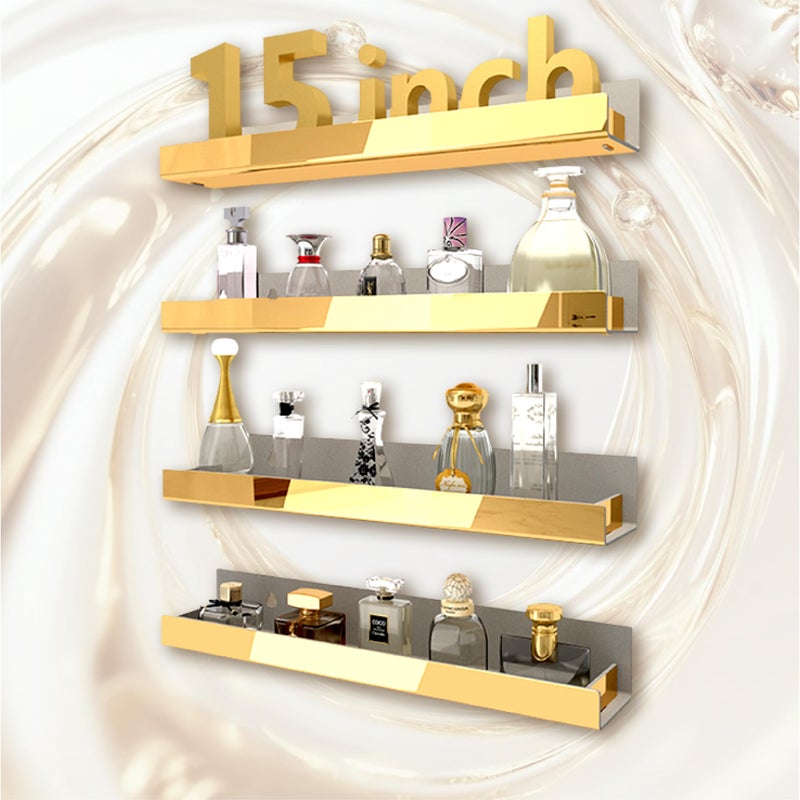 RORKIM 4 Pack 15 Inch Gold Reflective Acrylic Shelves, Gold Foating Shelves, Modern Sunglasses Essential Oil Picture Ledge Display Toy Storage Shelf - Image 2