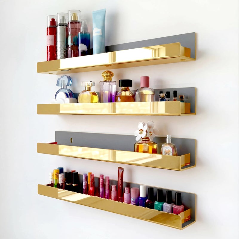 RORKIM 4 Pack 15 Inch Gold Reflective Acrylic Shelves, Gold Foating Shelves, Modern Sunglasses Essential Oil Picture Ledge Display Toy Storage Shelf - Image 1