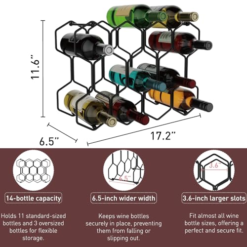 Buruis Countertop Wine Rack, 14-Bottle Modern Freestanding Metal Holder for Red and White Wine, Tabletop, Kitchen, Bar, and Cabinet Storage (Black) - Image 3