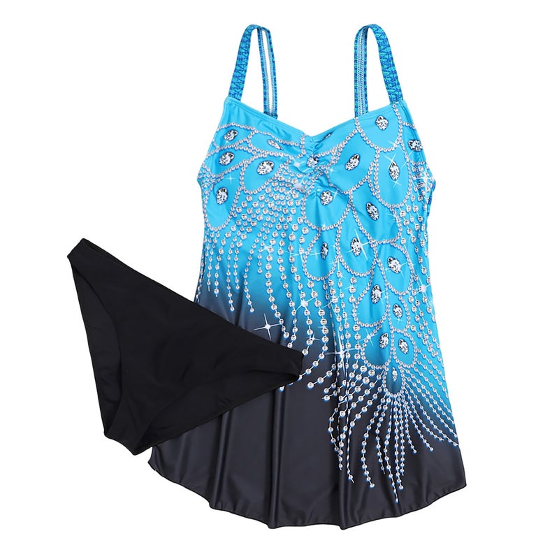 2021 swimsuit plus size swimsuit women's phoenix print skirt split swimsuit swimsuit source manufacturers sky blue XXL - Image 1