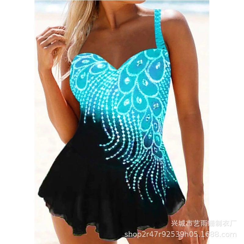 2021 swimsuit plus size swimsuit women's phoenix print skirt split swimsuit swimsuit source manufacturers sky blue XXL - Image 5