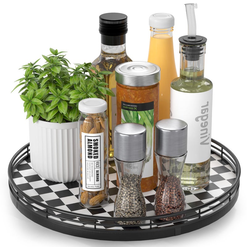 AMH Black and White Kitchen Lazy Susan Turntable - Round Checkered Decorative Tray, 12” Table Top Oak Wood Lazy Susan for Cookies, Dining Table Organizer, Small Kitchen Table Centerpiece - Image 1