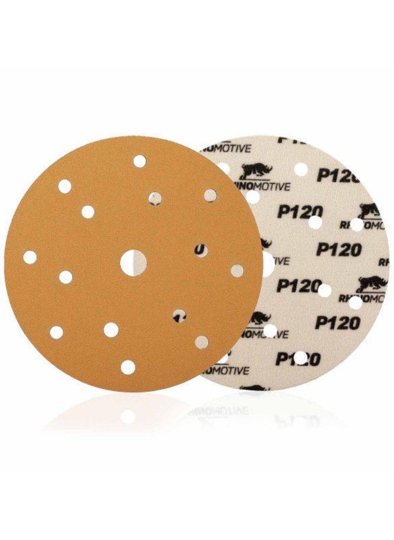 RHINOMOTIVE - MULTI-PURPOSE GOLD ABRASIVE DISC Grit 120 100 Pcs per Box - Image 1