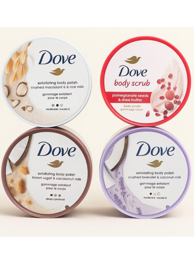 دوف مجموعة مقشر ومُلمع الجسم من دوف، 4 قطع - مكاديميا مطحونة وحليب أرز، بذور رمان وزبدة شيا، سكر بني وزبدة جوز الهند، لافندر مطحون وحليب جوز الهند - 298 غرام × 4 - Image 1