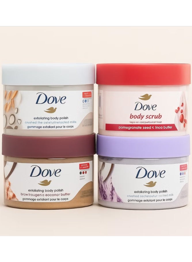دوف مجموعة مقشر ومُلمع الجسم من دوف، 4 قطع - مكاديميا مطحونة وحليب أرز، بذور رمان وزبدة شيا، سكر بني وزبدة جوز الهند، لافندر مطحون وحليب جوز الهند - 298 غرام × 4 - Image 2