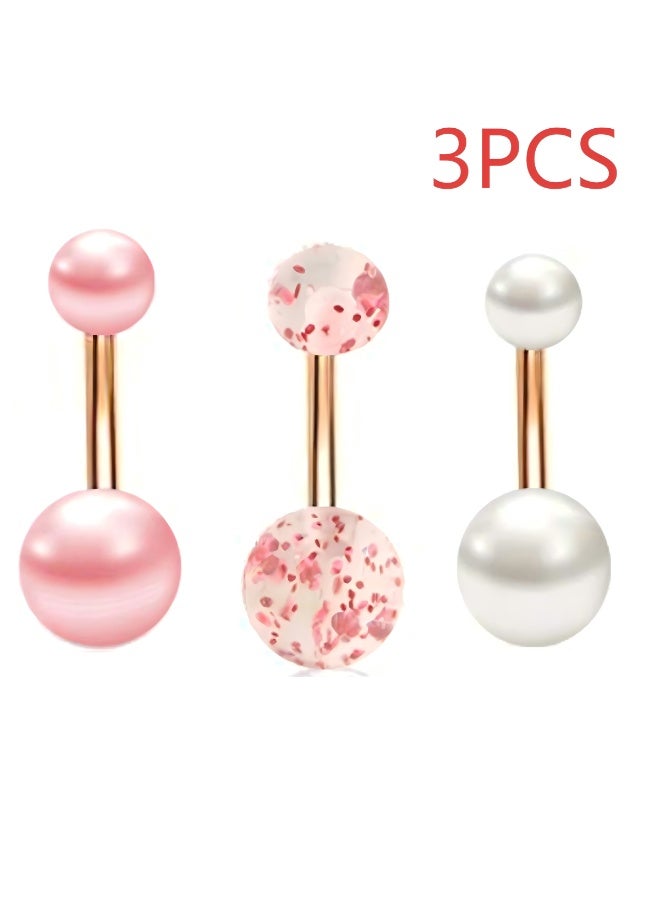 3pcs Rose Gold Belly Button Rings – White Pearl, Pink Pearl & Shiny Powder – Surgical Steel - Image 1