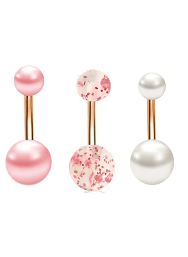 3pcs Rose Gold Belly Button Rings – White Pearl, Pink Pearl & Shiny Powder – Surgical Steel - Image 5