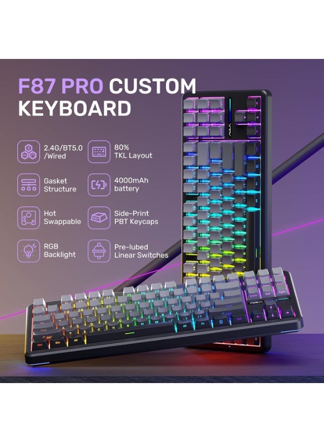 AULA F87 Pro Keyboard, Tri-Mode Bluetooth/2.4GHz/USB-C Gasket Hot Swappable Custom Mechanical Keyboard, Pre-lubed Reaper Switch, Side Printed PBT Keycaps 75% TKL Wireless RGB Backlit Gaming Keyboard - Image 2