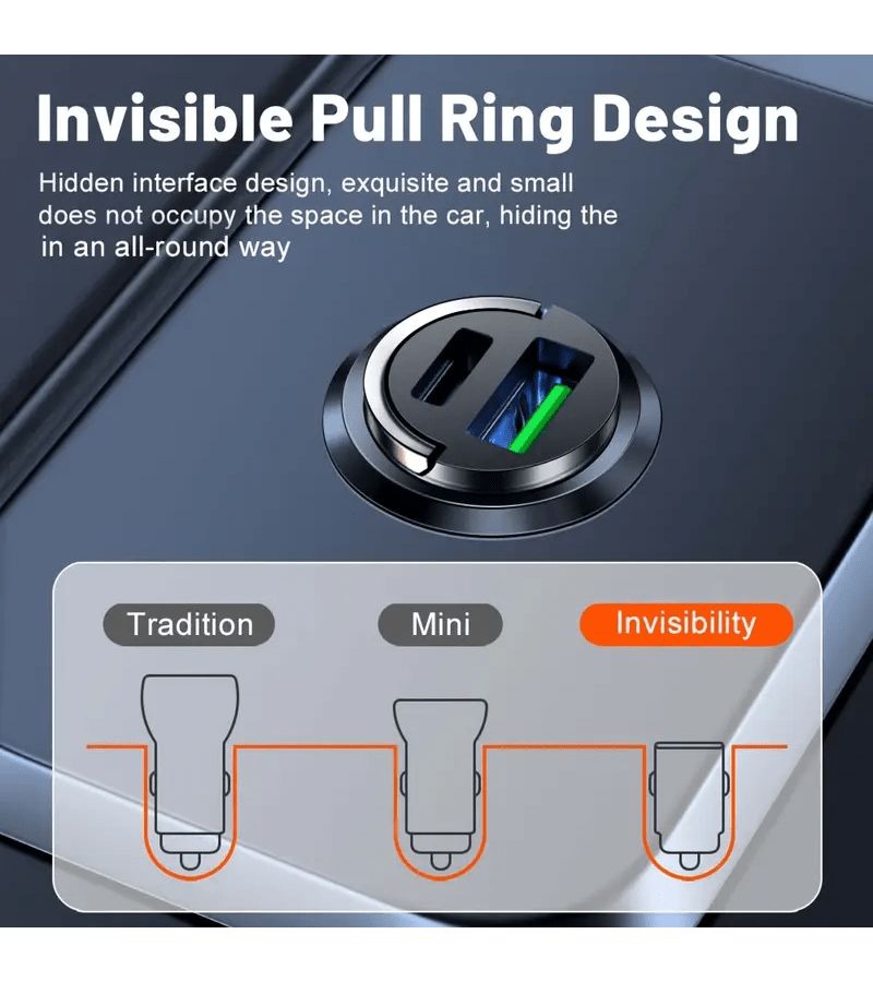 66W Car Fast Charging With USB A And Type C Dual Output Mini Design Metal Ring Decoration Stable Current Voltage Protection Black Compatible Smartphones GPS Devices Tachographs - Image 3