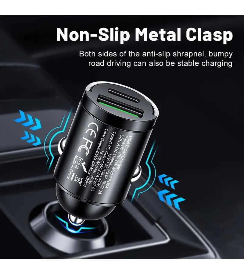 66W Car Fast Charging With USB A And Type C Dual Output Mini Design Metal Ring Decoration Stable Current Voltage Protection Black Compatible Smartphones GPS Devices Tachographs - Image 4
