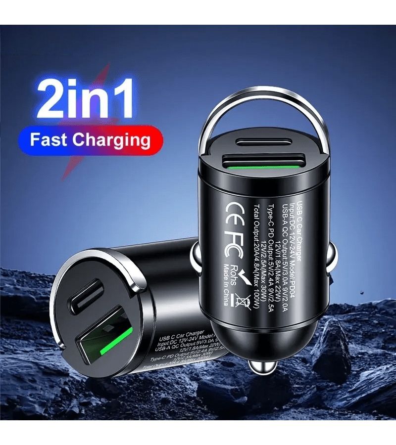 66W Car Fast Charging With USB A And Type C Dual Output Mini Design Metal Ring Decoration Stable Current Voltage Protection Black Compatible Smartphones GPS Devices Tachographs - Image 2