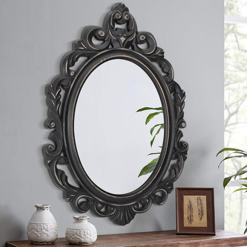 Black Oval Wooden Frame Vintage Wall Mirror Baroque Style Arendahl Traditional Carved Hanging Mirror for Decorative Antique Aesthetic for Vanity Bedroom Living Room Kitchen Entryway