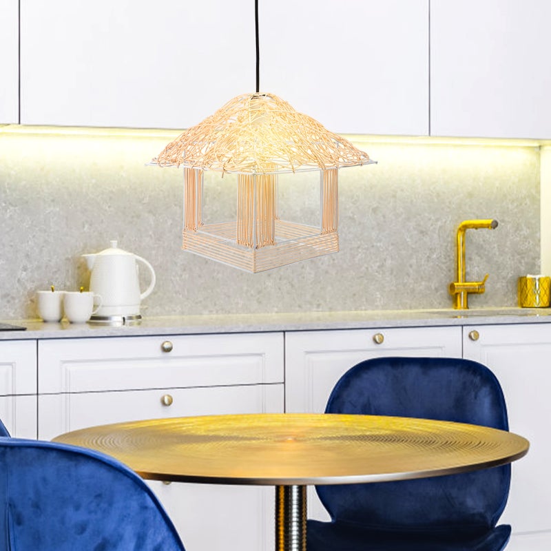 Rattan Pendant Lamp House Shaped Woven Rustic Ceiling No Bulb - Image 3