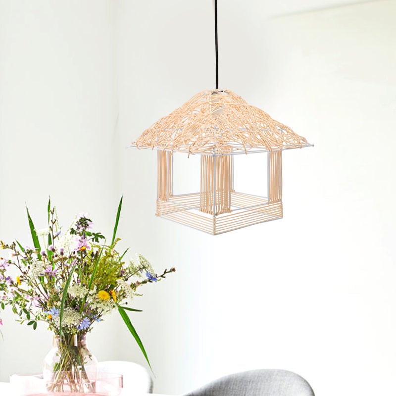 Rattan Pendant Lamp House Shaped Woven Rustic Ceiling No Bulb - Image 2