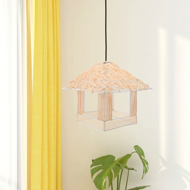 Rattan Pendant Lamp House Shaped Woven Rustic Ceiling No Bulb - Image 4