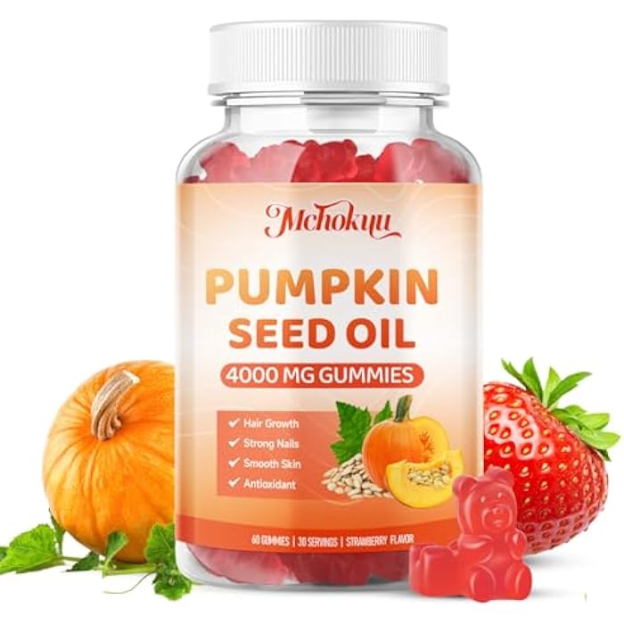 Mchokuu Pumpkin Seed Oil Supplement Gummies with Saw Palmetto for Hair Growth & Skin Health Support, High Pure Extract for Women & Men Extra Strength Pumpkin Seed, Strawberry Flavor, 60 Count - Image 1