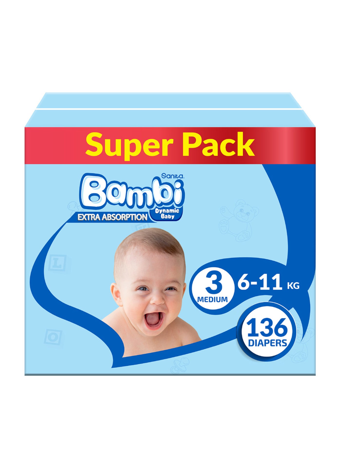 Sanita Bambi Baby Diapers Super Pack, Size 3, Medium, 6-11 kg, 140 Count + baby wet wipes Pure and Sensitive 168 sheets