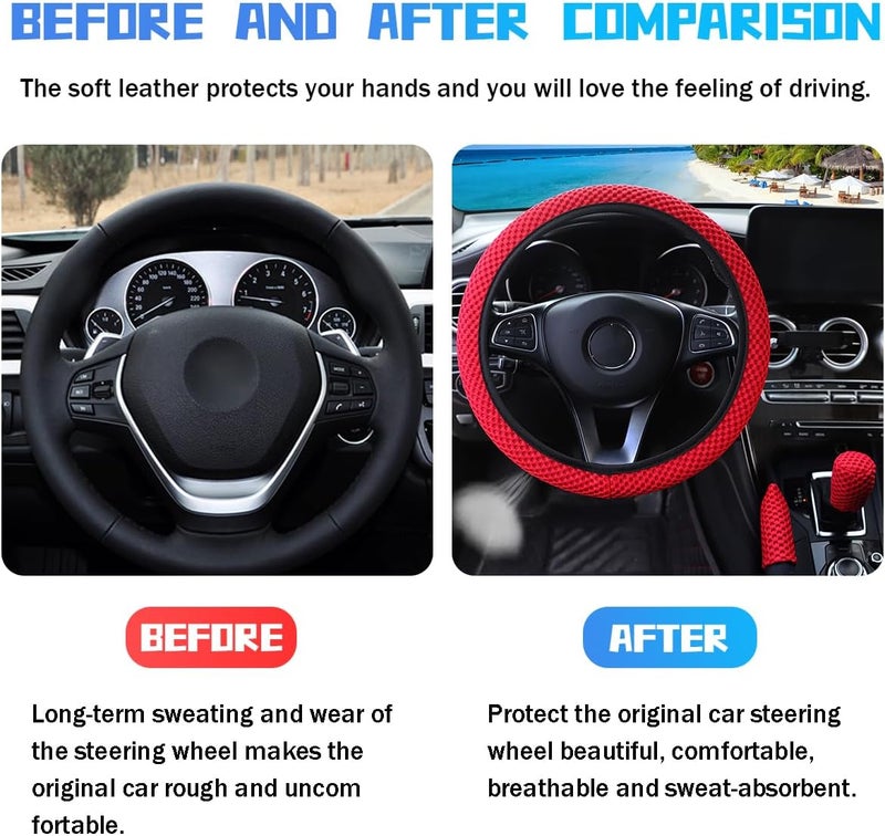 Bittwee 3PCS 15Inch Car Steering Wheel Cover Armrest Cover Gear Shift Cover Set, Microfiber Breathable Anti-Slip Automotive Steering Wheel Protector, Vehicle Interior Decor, Universal Fit（Red） Transit damage minimized design - Image 3