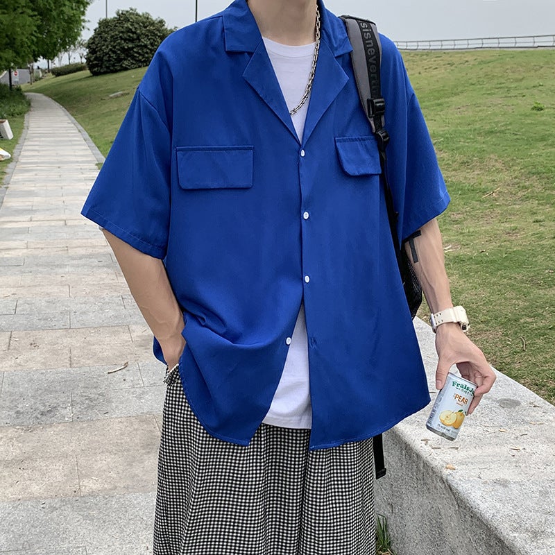 Solid color shirt short sleeve mens trendy ins summer Hong Kong style casual all-match handsome loose half sleeve shirt cardigan Blue  - Image 1