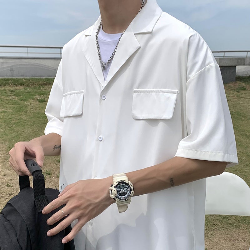 Solid color shirt short sleeve mens trendy ins summer Hong Kong style casual all-match handsome loose half sleeve shirt cardigan Blue  - Image 4