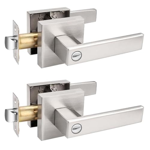 Probrico 2 Pack Bed and Bath Door Locks Interior Door Levers in Satin Nickel Finish,Door Handles Keyless LocKset,Modern Style,Square Door Locks Heavy Duty - Image 1