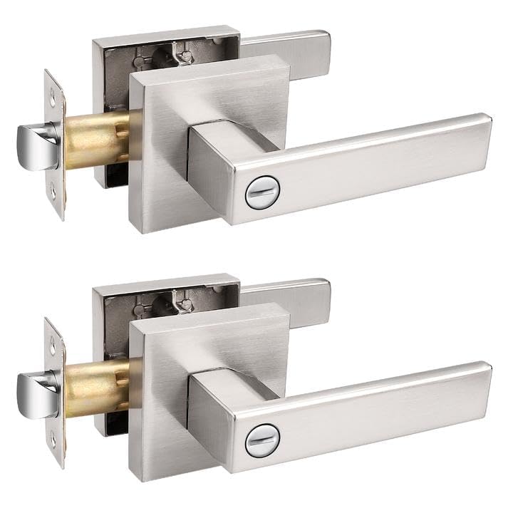 Probrico 2 Pack Bed and Bath Door Locks Interior Door Levers in Satin Nickel Finish,Door Handles Keyless LocKset,Modern Style,Square Door Locks Heavy Duty - Image 2