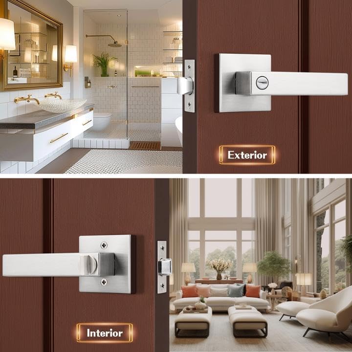 Probrico 2 Pack Bed and Bath Door Locks Interior Door Levers in Satin Nickel Finish,Door Handles Keyless LocKset,Modern Style,Square Door Locks Heavy Duty - Image 3