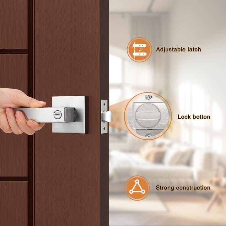 Probrico 2 Pack Bed and Bath Door Locks Interior Door Levers in Satin Nickel Finish,Door Handles Keyless LocKset,Modern Style,Square Door Locks Heavy Duty - Image 5