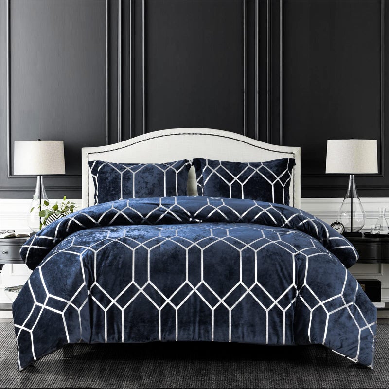 Sunshine Nicole Metallic Print Comforter Set Distressed Velvet Face with Metallic Print and Brushed Solid Microfiber Reverse with Light Weight Soft Poly Fill 3 Pieces Navy Silver Queen