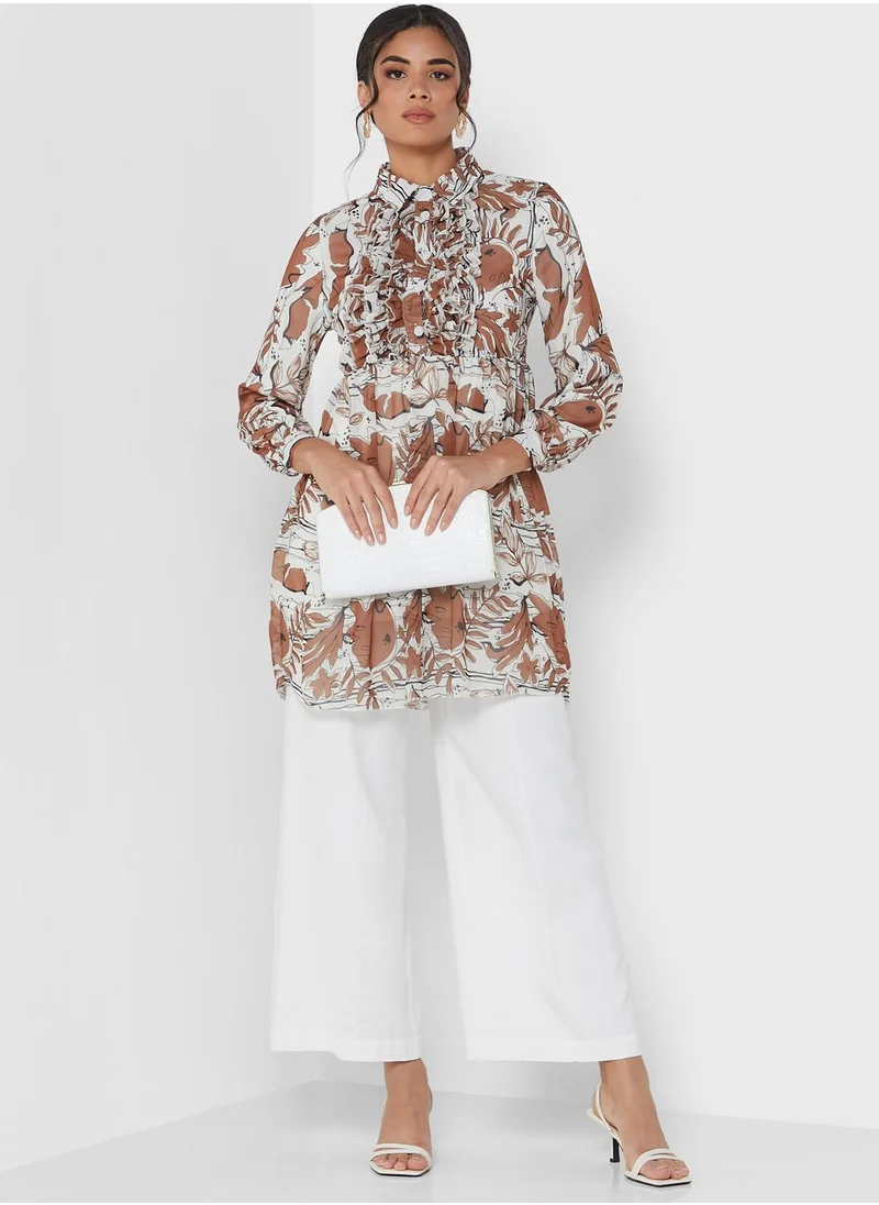 ANOTAH Button Detail Printed Tunic