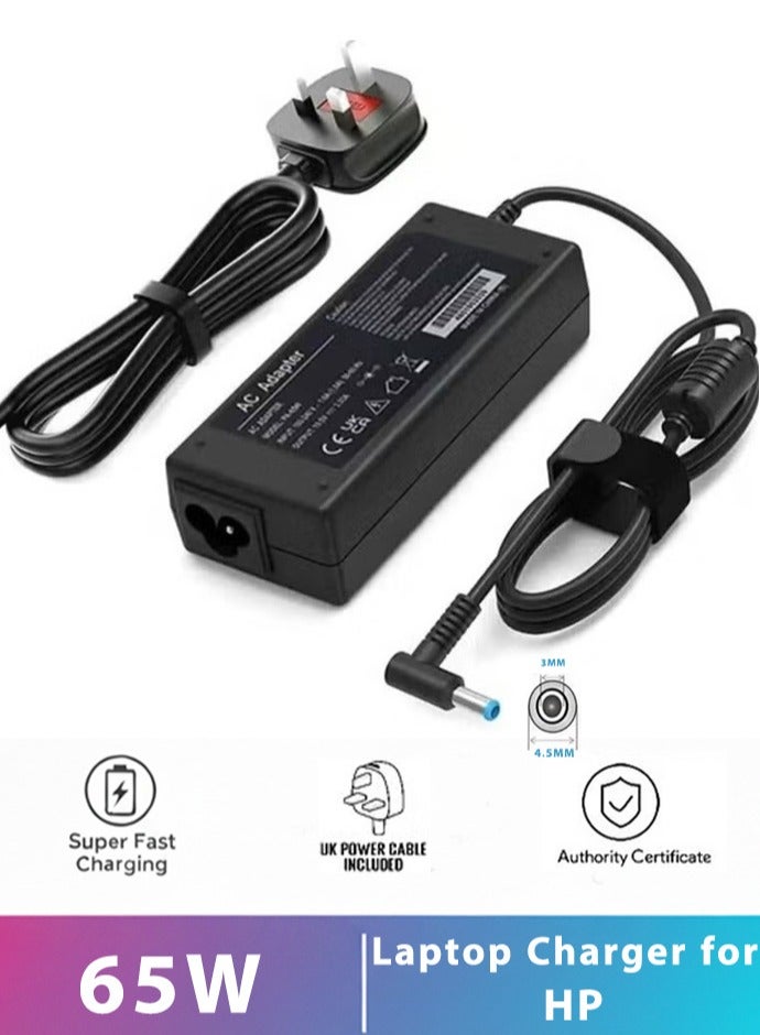 Neox HP Charger  65W 19.5V hp Laptop Charger AC Adapter  Replacement for HP Chromebook 11 14 G3 G4 Pavilion X360 11 13 15-f Envy 13 15 17 Stream 11 13 14 Elitebook Folio 1040 g1 Laptop (Blue Tip 4.5x3.0mm) - Image 1