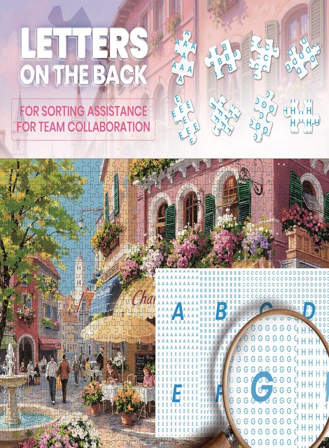 lamplig Puzzles for Adults 1000 Pieces, Spring Italy Bistro Flower Street Landscape,1000 Piece Puzzle for Adults Seniors, European Hard Jigsaw Puzzles with Letters on Back, 1:1 Poster - Image 4