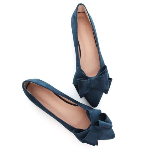 SAILING LU Bow-Knot Ballet Flats Womens Pointy Toe Flat Shoes Suede Dress Shoes Wear to Work Slip On Moccasins Navy Size 10 - Image 2