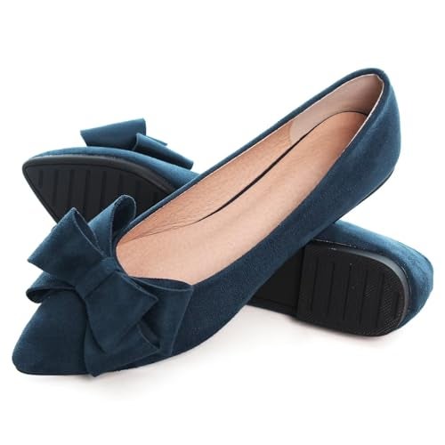 SAILING LU Bow-Knot Ballet Flats Womens Pointy Toe Flat Shoes Suede Dress Shoes Wear to Work Slip On Moccasins Navy Size 10 - Image 5