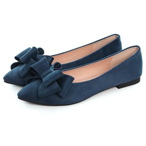 SAILING LU Bow-Knot Ballet Flats Womens Pointy Toe Flat Shoes Suede Dress Shoes Wear to Work Slip On Moccasins Navy Size 10 - Image 4