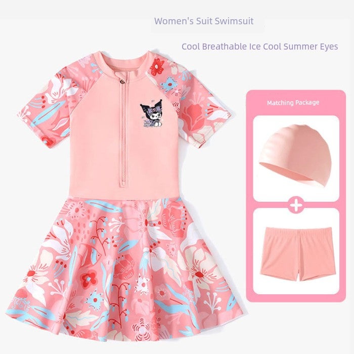 Kuromi girls' one-piece skirt-style swimsuit, girls' professional training swimwear, children's baby quick-drying sunscreen swimsuit - Image 2