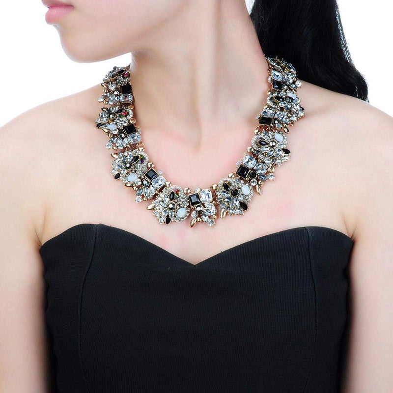 Jerollin Vintage Crystal Rhinestone Statement Choker Bib Statement Necklace Earring Fashion Costume Jewelry Set for Women Black02 - Image 1