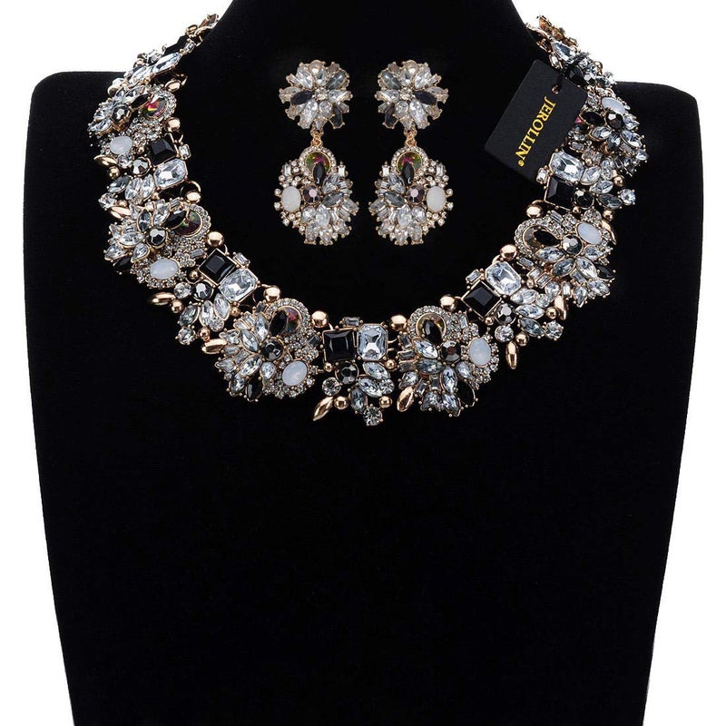 Jerollin Vintage Crystal Rhinestone Statement Choker Bib Statement Necklace Earring Fashion Costume Jewelry Set for Women Black02 - Image 2