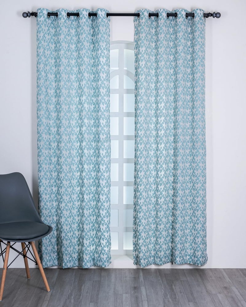 Parda Online Premium Linen Embroidered Curtain with Firozi Vine Design - 9ft Pack of 2 - Image 2