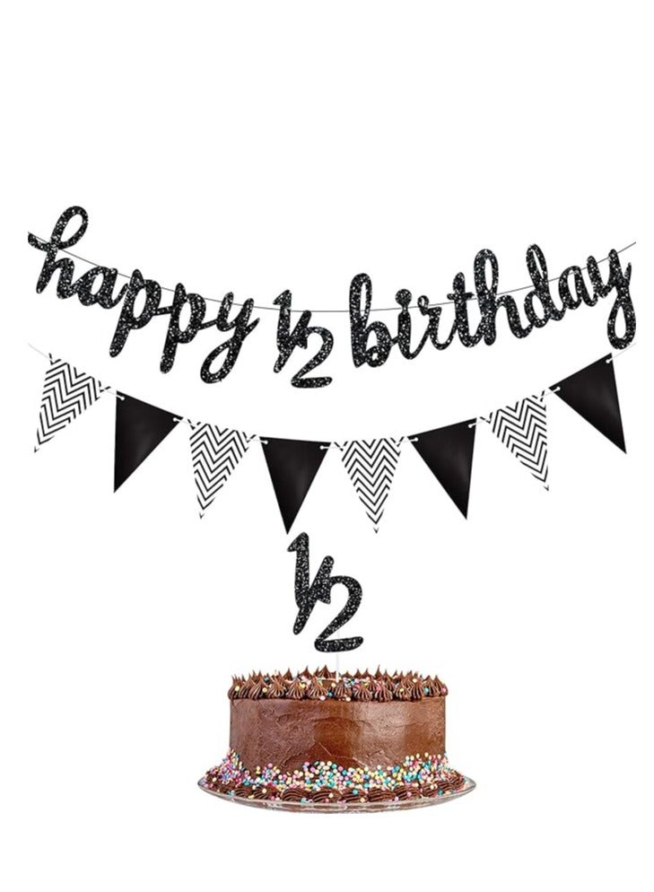 مجموعة زينة نصف عيد ميلاد مكونة من 3 قطع تتضمن لافتة عيد ميلاد سعيد لمدة 6 أشهر ونصف، وغطاء كعكة لامع لنصف عام ونصف، ولافتة علم مثلثة لحفل استقبال المولود الجديد، وحفلات التصوير الفوتوغرافي، مثبتة مسبقًا (أسود) - Image 1