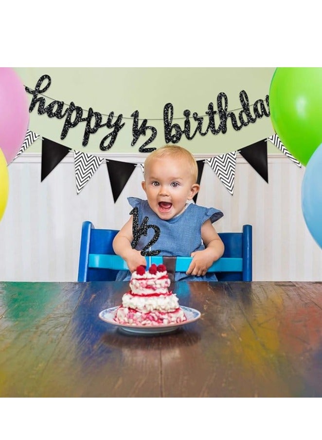 مجموعة زينة نصف عيد ميلاد مكونة من 3 قطع تتضمن لافتة عيد ميلاد سعيد لمدة 6 أشهر ونصف، وغطاء كعكة لامع لنصف عام ونصف، ولافتة علم مثلثة لحفل استقبال المولود الجديد، وحفلات التصوير الفوتوغرافي، مثبتة مسبقًا (أسود) - Image 3
