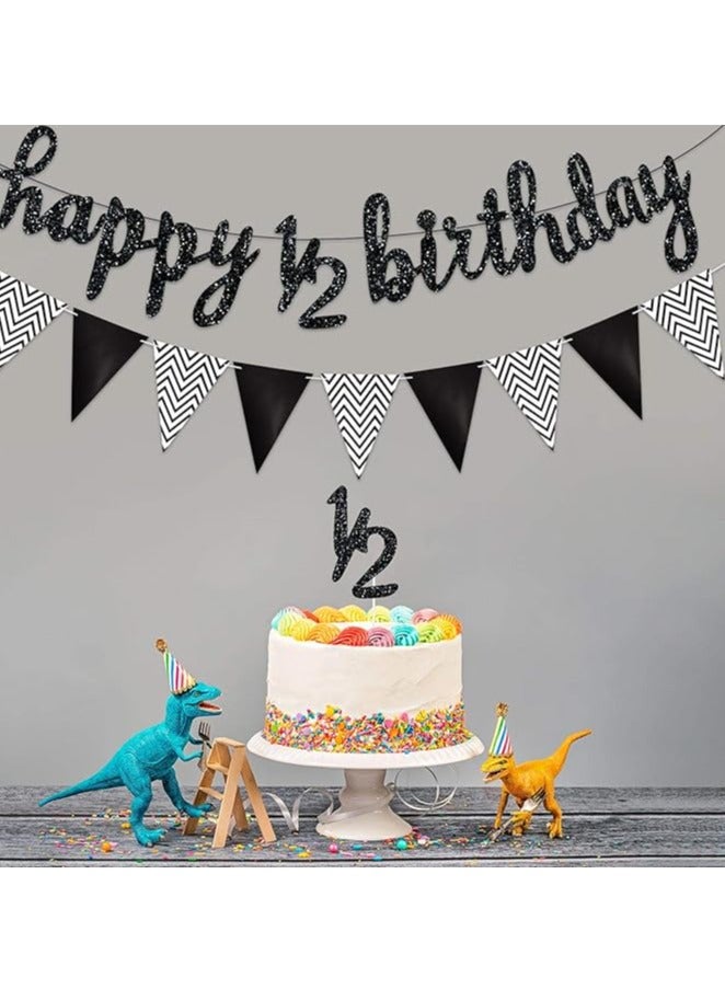 مجموعة زينة نصف عيد ميلاد مكونة من 3 قطع تتضمن لافتة عيد ميلاد سعيد لمدة 6 أشهر ونصف، وغطاء كعكة لامع لنصف عام ونصف، ولافتة علم مثلثة لحفل استقبال المولود الجديد، وحفلات التصوير الفوتوغرافي، مثبتة مسبقًا (أسود) - Image 2