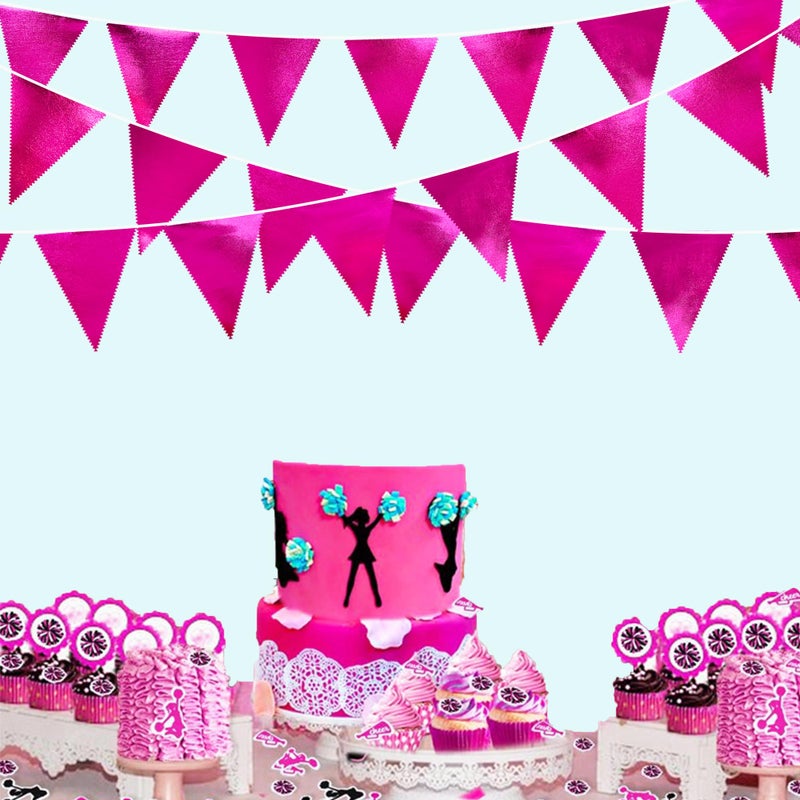 pinkblume Hot Pink Party Decorations Triangle Pennant Banner Flag Rose Pink Metallic Fabric Bunting Garland for Birthday Bachelorette Wedding Bridal Shower Anniversary Flamingo Barbie Theme Party Supplies - Image 4