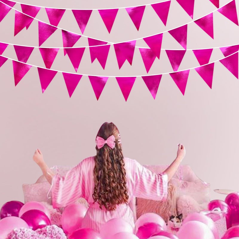 pinkblume Hot Pink Party Decorations Triangle Pennant Banner Flag Rose Pink Metallic Fabric Bunting Garland for Birthday Bachelorette Wedding Bridal Shower Anniversary Flamingo Barbie Theme Party Supplies - Image 3