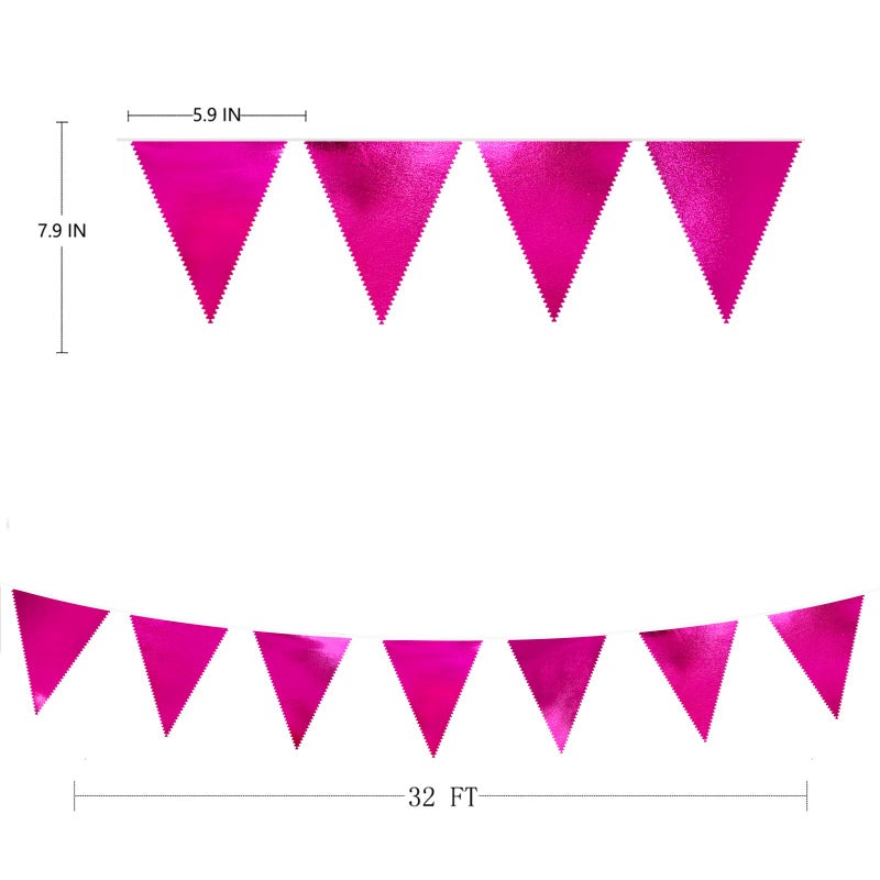 pinkblume Hot Pink Party Decorations Triangle Pennant Banner Flag Rose Pink Metallic Fabric Bunting Garland for Birthday Bachelorette Wedding Bridal Shower Anniversary Flamingo Barbie Theme Party Supplies - Image 1