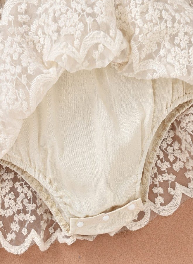 IBAKOM Newborn Infant Baby Girl Fall Winter Romper Dress White Beige Boho Lace Floral Dress Toddler Long Sleeve Bodysuit Crochet Dress Baptism Christening First Communion Dress Beige 6-12M - Image 5