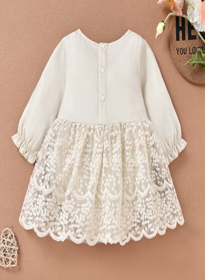 IBAKOM Newborn Infant Baby Girl Fall Winter Romper Dress White Beige Boho Lace Floral Dress Toddler Long Sleeve Bodysuit Crochet Dress Baptism Christening First Communion Dress Beige 6-12M - Image 2