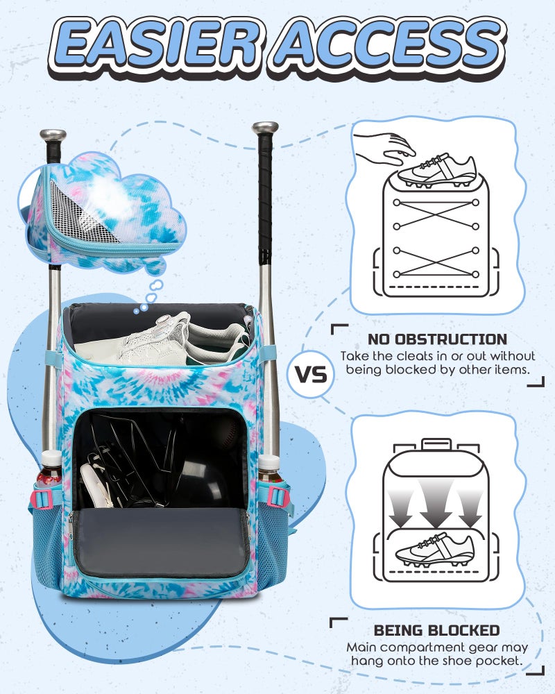 FOKDUVB Baseball Softball Gear Bag Backpack for Boys Girls Ages 8-12 12-14 Large Kids Youth Bat Bag with Ventilated Shoe Compartment Baseball Softball Players Stuff Supplies (Light Blue, Tie-Dye) - Image 3